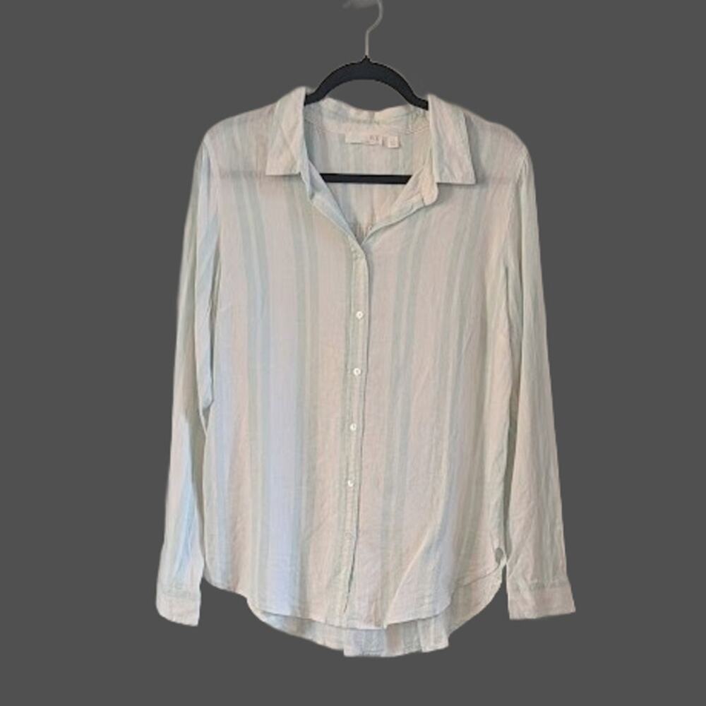 WE By Living In Yellow Linen Blend Button Up Shirt Large Green Stripe Coastal